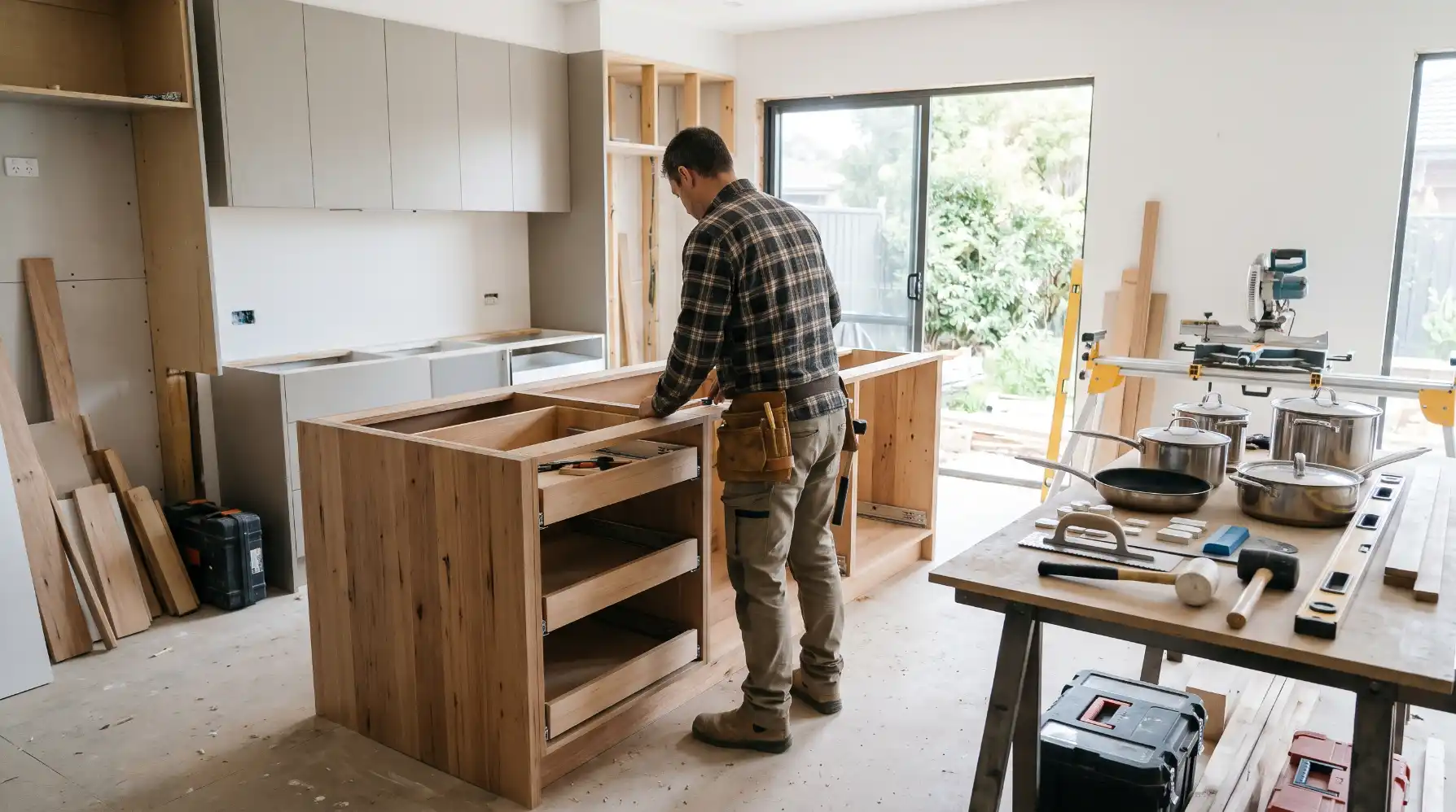 Cabinet maker assembling a timber base cabinet with three pull-out kitchen drawers during a Melbourne kitchen renovation