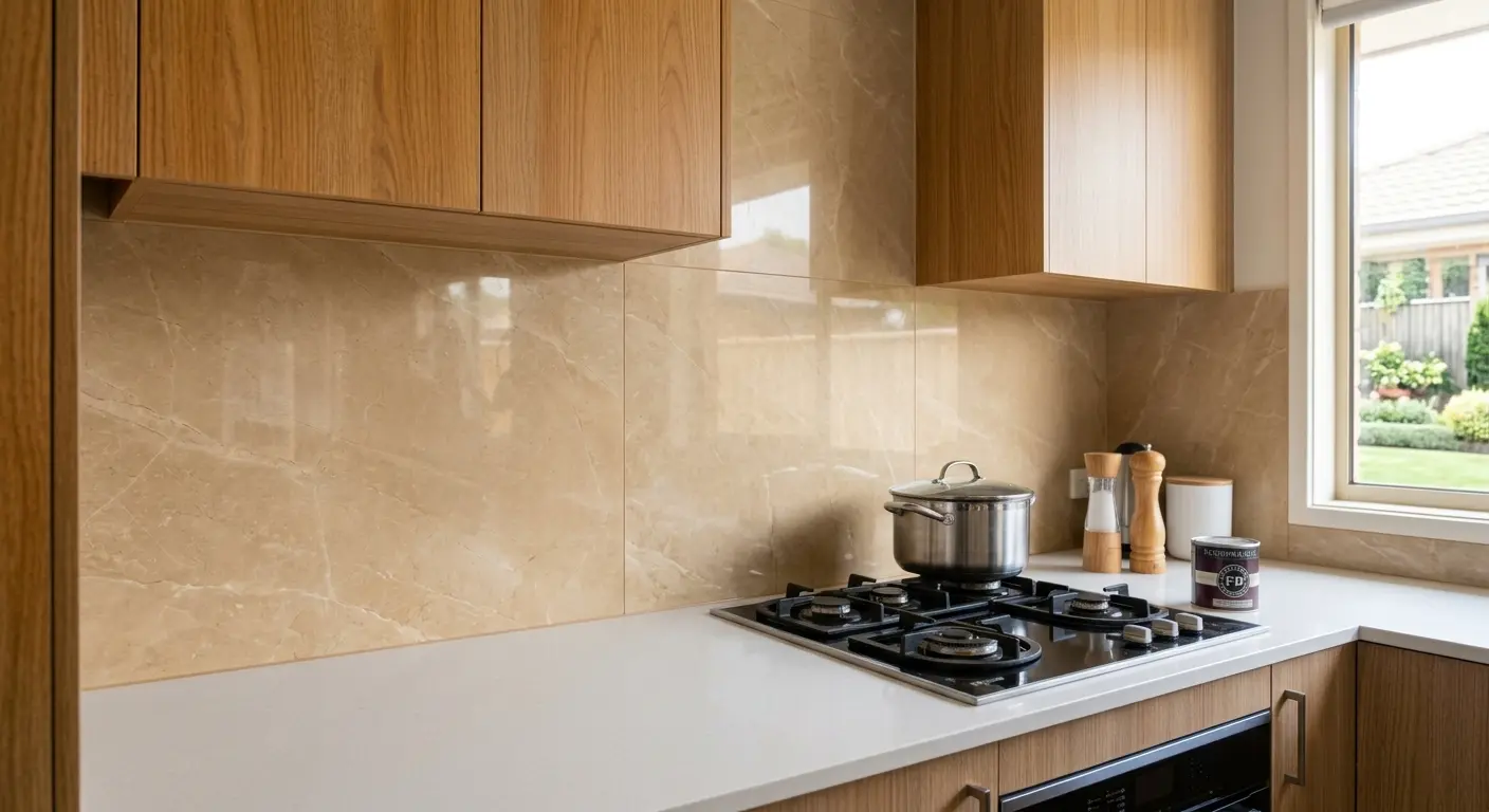 Warm oak kitchen cabinets matched with a honey-toned stone-look splashback for a cohesive kitchen colour combination