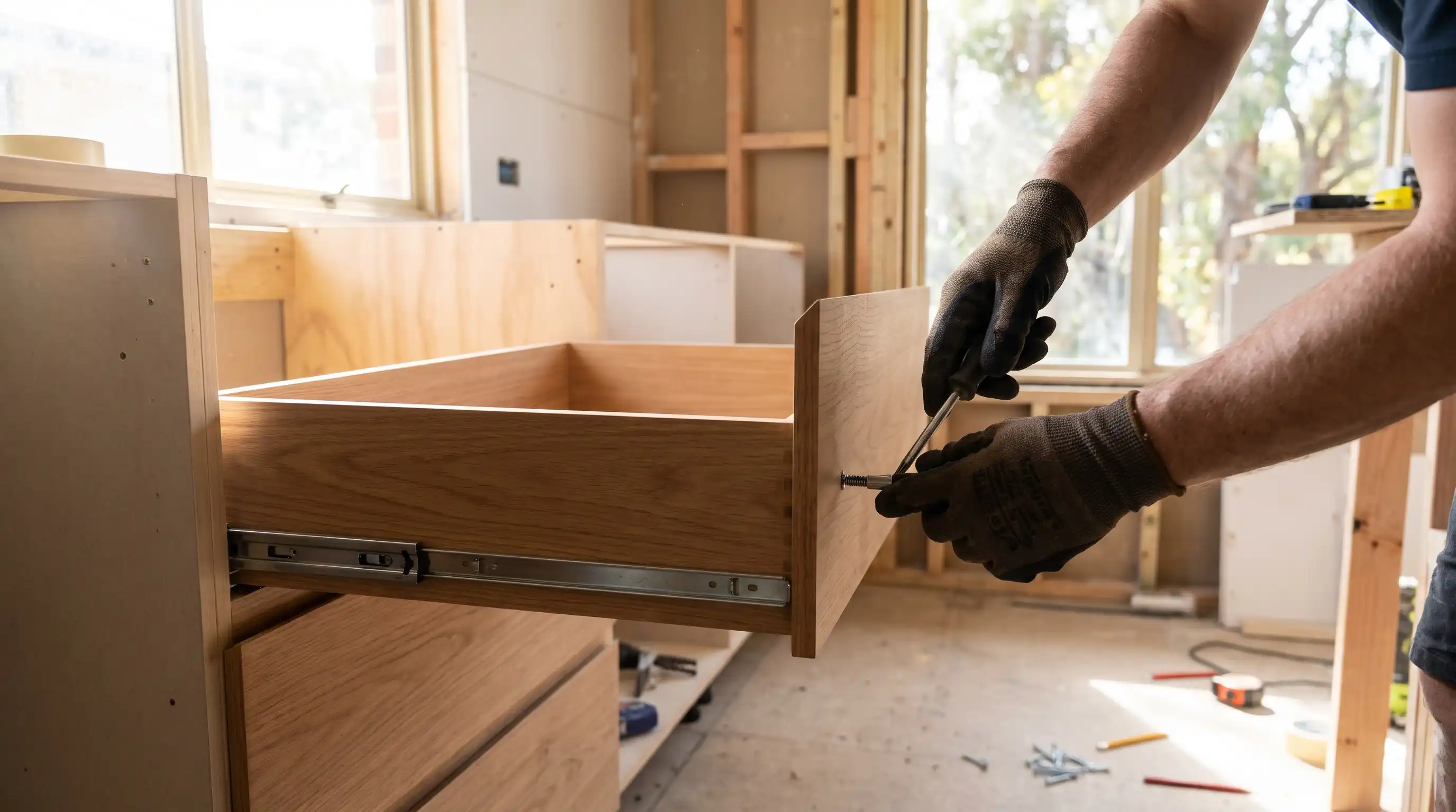 Close-up of a tradie fitting a drawer front to a timber drawer box with a metal runner in a kitchen cabinet