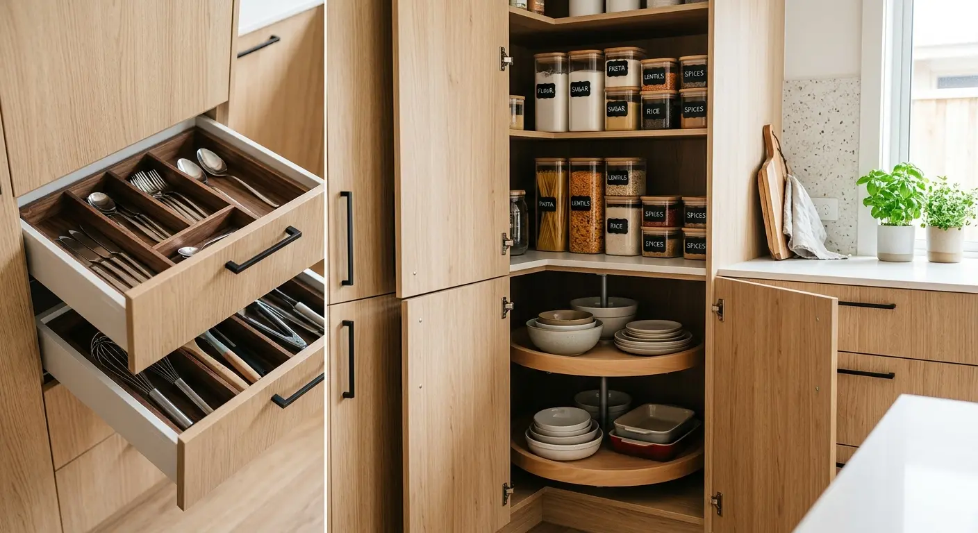 Small kitchen cabinet storage with pull-out drawers and a corner carousel pantry unit in a Melbourne home