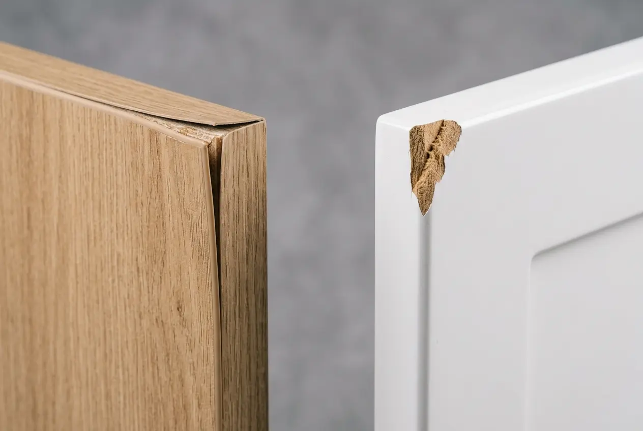 Close-up of lifting laminate cabinet edging beside a chipped 2-pack polyurethane door corner