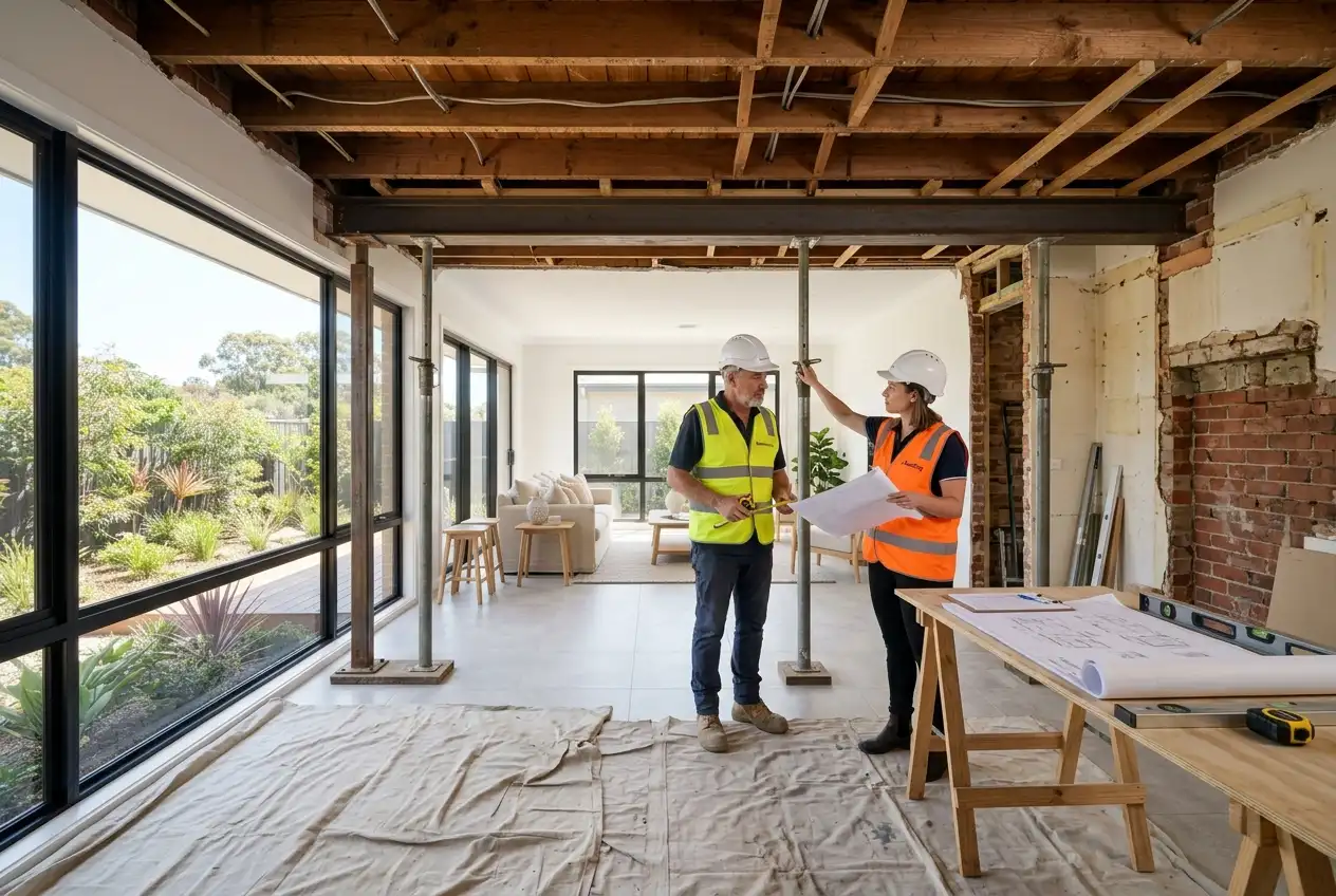 Builder and engineer inspecting a steel beam and temporary props after load-bearing wall removal in a Melbourne kitchen renovation