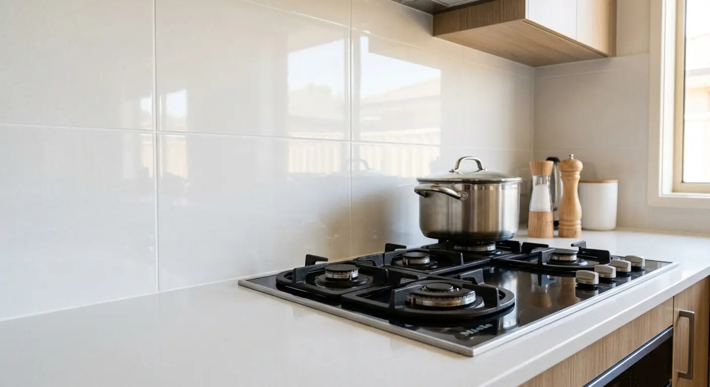 Newly installed kitchen splashback with clean tiles after professional splashback replacement in Melbourne