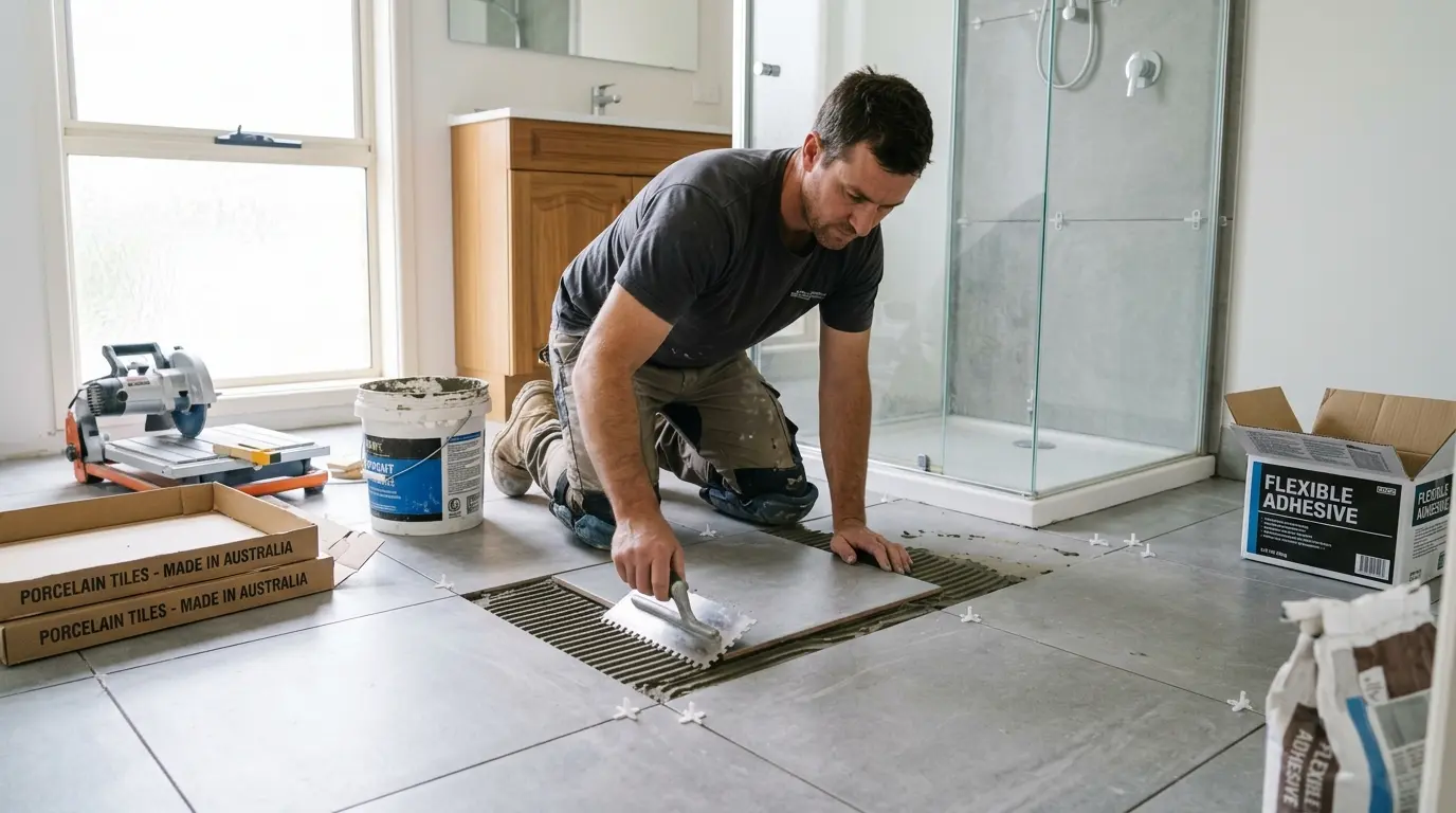 Professional tiler installing porcelain floor tiles in a Melbourne bathroom renovation