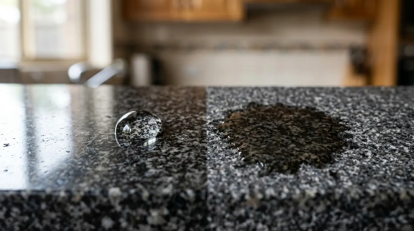 Water test on a granite benchtop showing a bead on sealed stone and water soaking into unsealed stone
