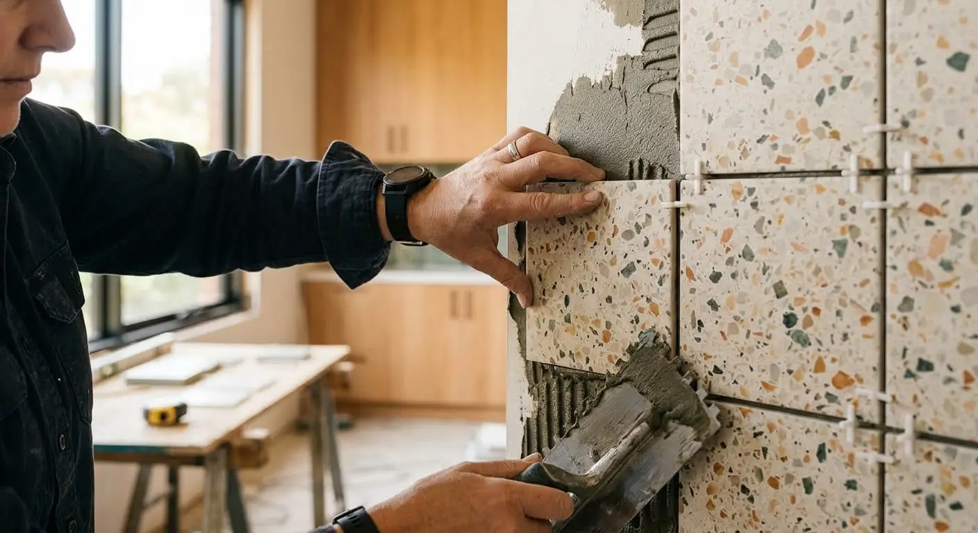 Tradesperson installing a warm terrazzo-look splashback tile during a Melbourne kitchen renovation