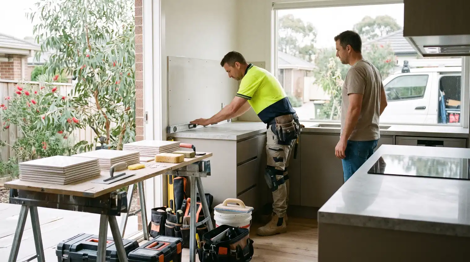 Tiler checking a kitchen splashback wall with a spirit level before tiling while the homeowner watches in a Melbourne home