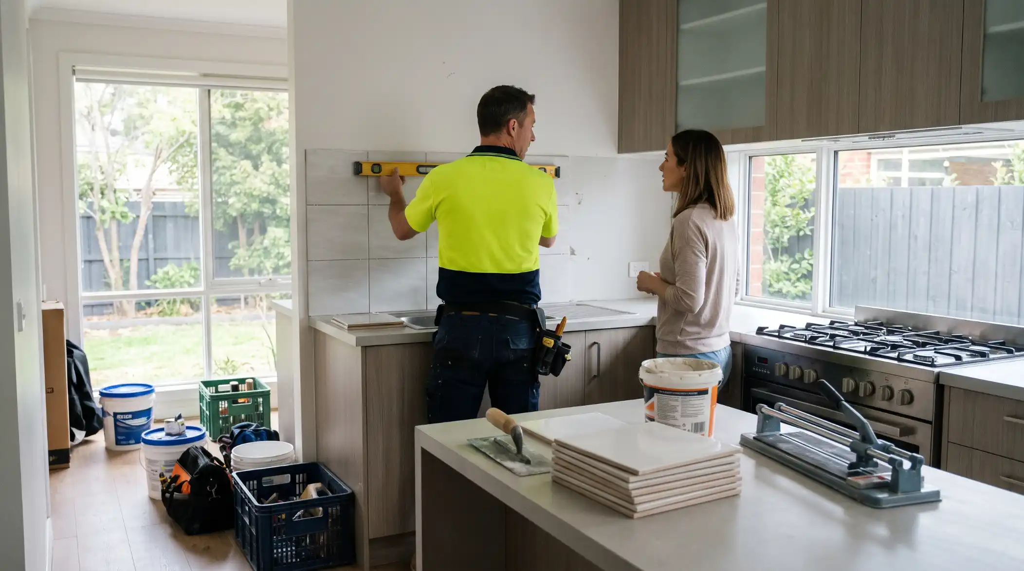 Tiler using a spirit level on a kitchen splashback tile layout while talking through the job with a homeowner in Melbourne